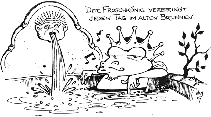 The frog king spends every day in the old fountain